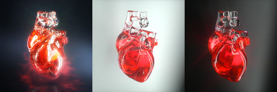 Work in progress steps of an illustration of a transparent human heart 